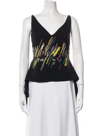 Pre-owned Cushnie Graphic Print V-neck Top In Black