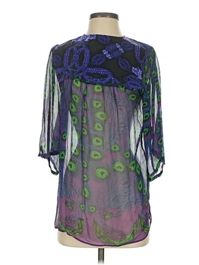 Pre-owned Custo Barcelona 3/4 Sleeve Silk Top Purple Plunge Neckline Tops