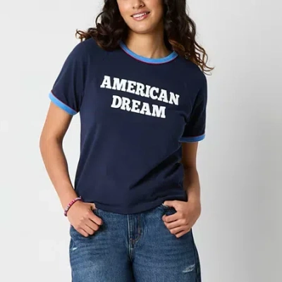 Cut & Paste American Dream Womens Juniors Crew Neck Short Sleeve Loose Fit Graphic T-shirt In Blue