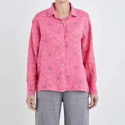 Cut Loose Daisy Side Slit Linen Shirt In Watermelon In Pink