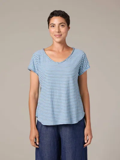 Cut Loose Short Sleeve Raw Edge V Neck Stripe Top In Bell Flower In Blue