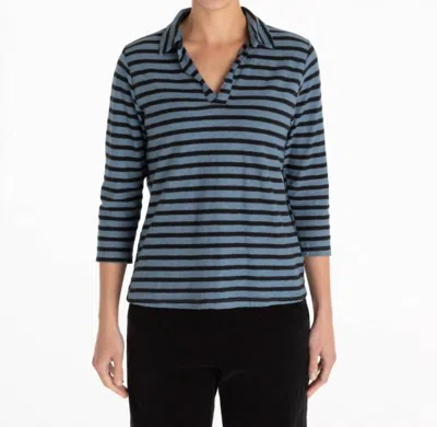 Cut Loose Striped V-neck Long Sleeve Top With Collar In Ink In Blue