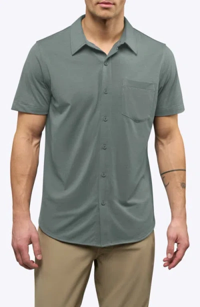 Cuts Ao Curved Hem Short Sleeve Button-up Shirt In Green