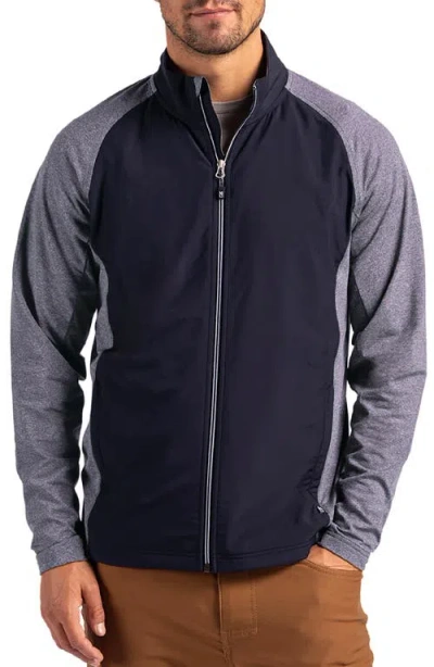 Cutter & Buck Adapt Hybrid Full Zip Jacket In Navy Blue Heather/navy Blue