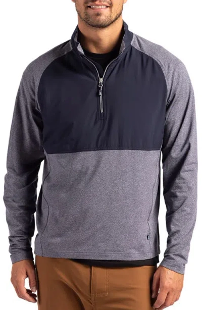 Cutter & Buck Adapt Quarter Zip Wind Resistant Knit Pullover In Navy Blue Heather/navy Blue