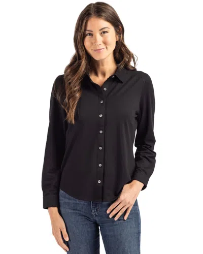 Cutter & Buck Advantage Tri-blend Soft Pique Long Sleeve Knitted Womens Button Down In Black
