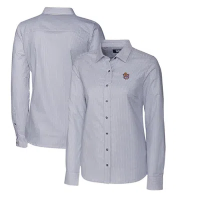 Cutter & Buck Charcoal Lsu Tigers Oxford Stripe Stretch Long Sleeve Button-up Shirt In Gray