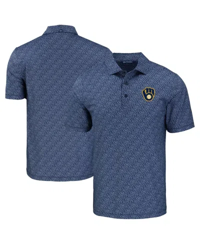 Cutter & Buck Men's Navy Milwaukee Brewers Pike Eco Pebble Print Stretch Polo Shirt In Multi