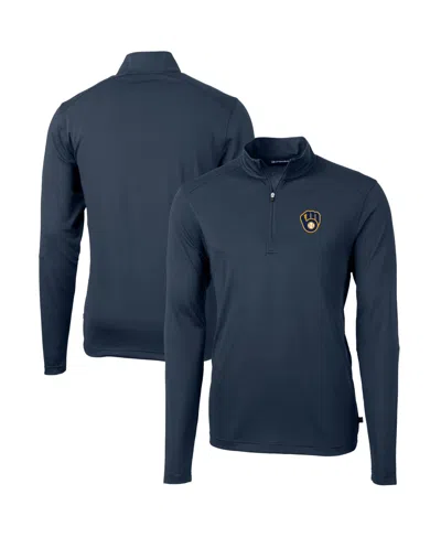 Cutter & Buck Men's Navy Milwaukee Brewers Virtue Eco Pique Quarter-zip Pullover Hoodie In Blue