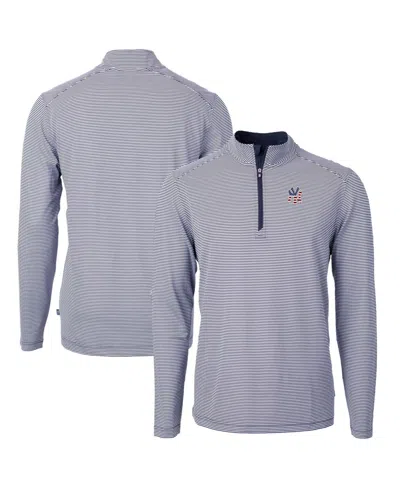Cutter & Buck Men's Navy New York Yankees Americana Logo Virtue Eco Pique Stripe Quarter-zip Pullover Sweatshirt In Gray