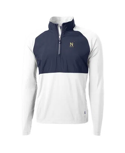 Cutter & Buck Men's White/navy Midshipmen Adapt Eco Knit Hybrid Quarter-zip Pullover Sweatshirt In White,navy