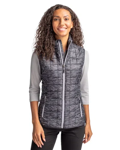 Cutter & Buck Rainier Primaloft Womens Eco Insulated Full Zip Printed Puffer Vest In Black