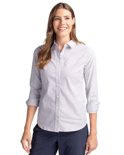 Cutter & Buck Stretch Oxford Stripe Womens Long Sleeve Dress Shirt In Pink