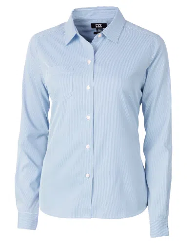 Cutter & Buck Versatech Pinstripe Stretch Womens Long Sleeve Dress Shirt In Blue