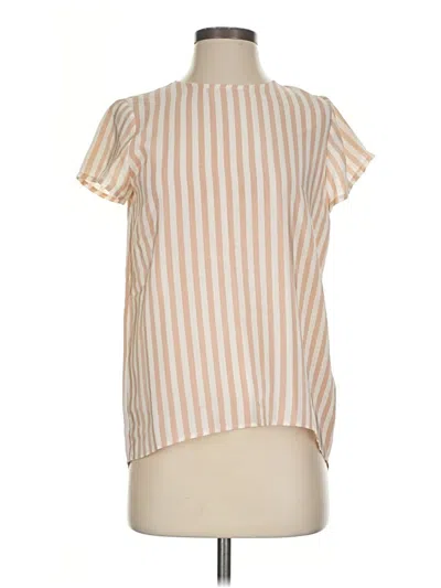 Pre-owned Cuyana Short Sleeve Silk Top Tan Stripes Pattern Mock Neckline Tops