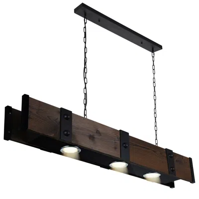 Cwi Lighting Pago 3 Light 42in Black & Wood Drum Shade Island Light