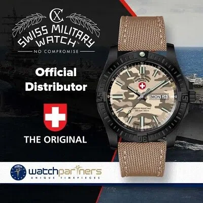 Pre-owned Cx Swiss Military Desert Storm Day/date Watch 42mm Khaki Camo Dial/strap 3102
