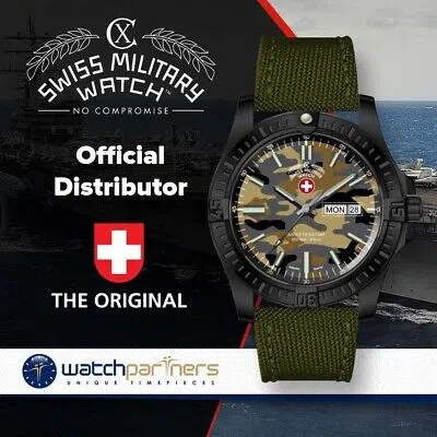 Pre-owned Cx Swiss Military Desert Storm Day/date Watch 42mm Olive Camo Strap/dial 3101