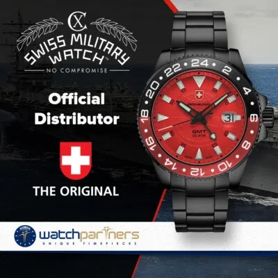 Pre-owned Cx Swiss Military Gmt Nero Swiss 42mm Watch Pvd Case 2nd Timezone Red Dial 2778