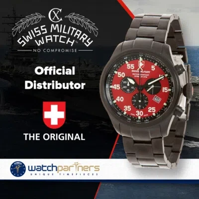 Pre-owned Cx Swiss Military Hawk Nero Chrono Swiss Watch Black Pvd Case Red Dial 2734
