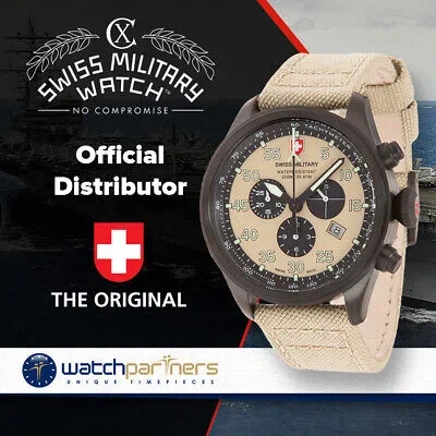 Pre-owned Cx Swiss Military Hawk Nero Rawhide Chrono Watch Black Pvd Case Sand Dial 27331