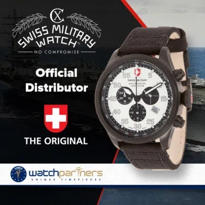 Pre-owned Cx Swiss Military Hawk Nero Rawhide Chrono Watch Black Pvd Case Silv Dial 27301
