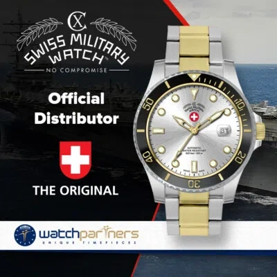 Pre-owned Cx Swiss Military Invincible Diving Watch Eta Auto 2 Tone 20atm Silver Dial 3010