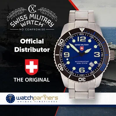 Pre-owned Cx Swiss Military Marlin Swiss Watch 20atm S/steel Bracelet Blue Dial 2702