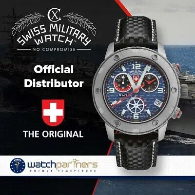 Pre-owned Cx Swiss Military Rallye Gmt Chrono Watch 200m Leather Strap Blue Dial 27471