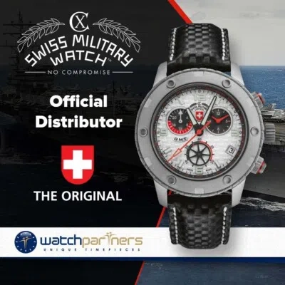 Pre-owned Cx Swiss Military Rallye Gmt Chrono Watch 200m Leather Strap Silv Dial 27451