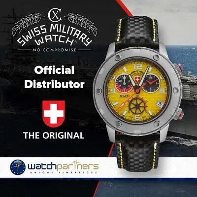 Pre-owned Cx Swiss Military Rallye Gmt Chrono Watch 200m Leather Strap Yell Dial 27491