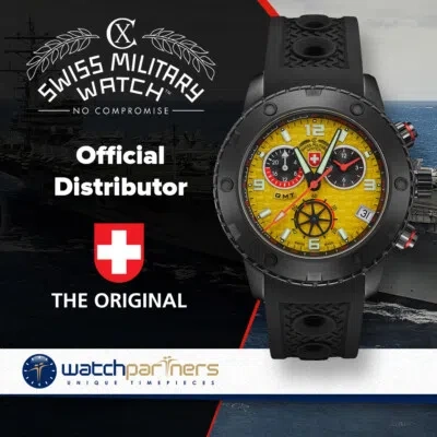 Pre-owned Cx Swiss Military Rallye Gmt Nero 44mm Dlc Case Chrono Watch Gmt Yell Dial 2754