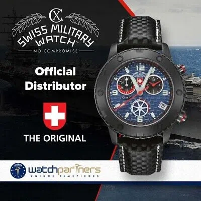 Pre-owned Cx Swiss Military Rallye Gmt Nero Rawhide 44mm Chrono Watch Blue Dial 27521