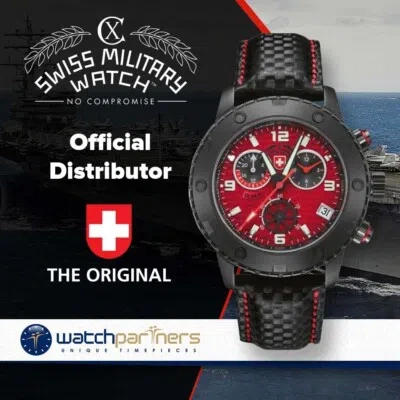 Pre-owned Cx Swiss Military Rallye Gmt Nero Rawhide 44mm Chrono Watch Red Dial 27531