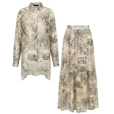 Cy Boutique Animal And Forest Scarf Print Shirt And Midi Skirt Co-ords In Black In Neutral