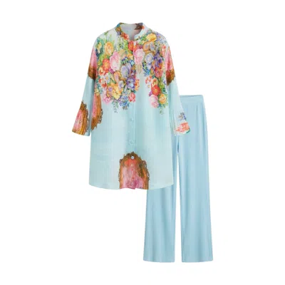 Cy Boutique Blue Full Pleated Floral Print Shirt And Trousers Co-ords