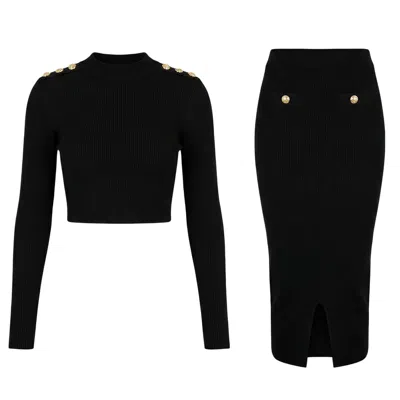Cy Boutique Buttons Design Crop Top And Midi Skirt Co-ords Suits In Black