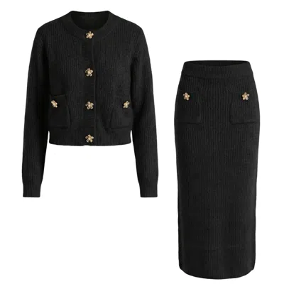 Cy Boutique Cosy Knit Co-ords Set With Floral Button Design In Black