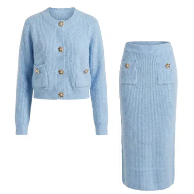 Cy Boutique Cosy Knit Co-ords Set With Floral Button Design In Pale Blue