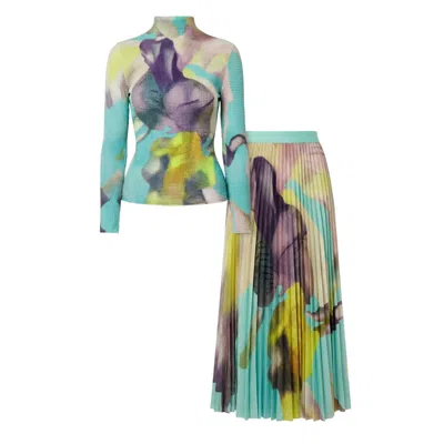 Cy Boutique Floral Print Full Pleated Printed Top And Midi Skirt Co-ords Set In Blue