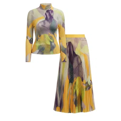 Cy Boutique Floral Print Full Pleated Printed Top And Midi Skirt Co-ords Set In Yellow