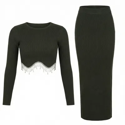 Cy Boutique Green Diamond Embellished Scalloped Knit Top And Midi Skirt Co-ords
