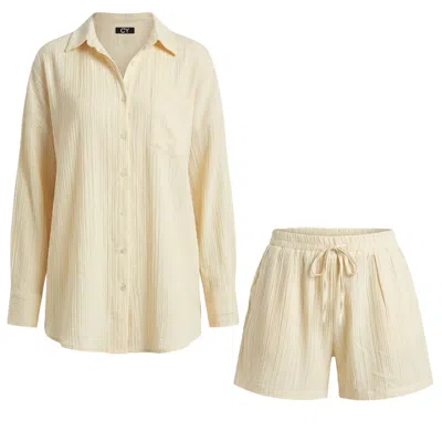 Cy Boutique Neutrals Cotton Blend Duben Shirt And Shorts In Relaxed Fit Co-ords Suits In Cream In White