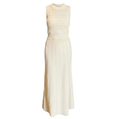Cy Boutique Neutrals Pointelle Knit Vest Top & Maxi Pleated Skirt In Cream In White