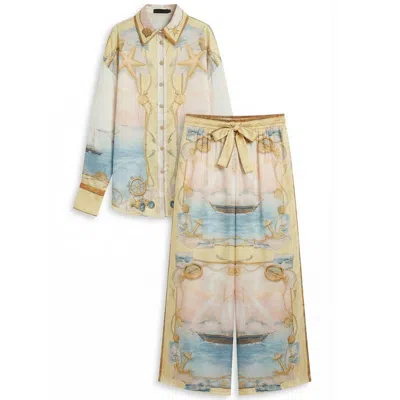 Cy Boutique Ocean Treasure Print Relaxed Shirt & Wide-leg Trousers Co-ord Set In Yellow