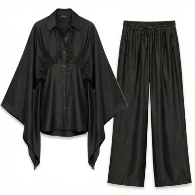 Cy Boutique Sunset Satin Cape-sleeve Shirt & Wide-leg Trouser Co-ord In Black