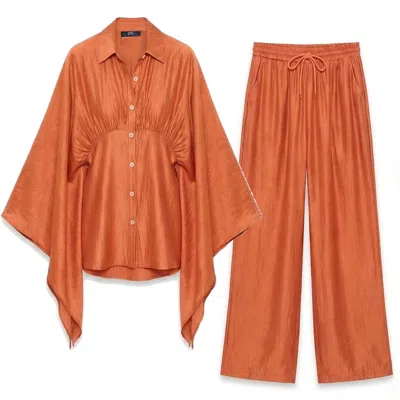 Cy Boutique Sunset Satin Cape-sleeve Shirt & Wide-leg Trouser Co-ord In Orange