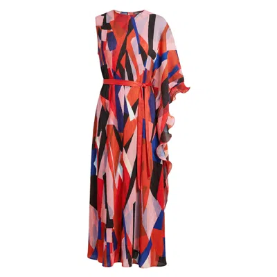 Cy Boutique Women's Aztec Print Pleated Dress In Asymmetric Sleeves Design In Red