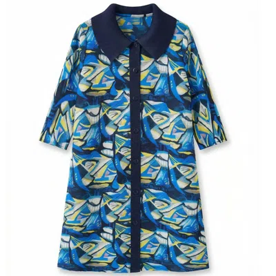 Cy Boutique Women's Blue Abstract Portrait Print Full Pleated All Buttons Blazer Shirt Dress