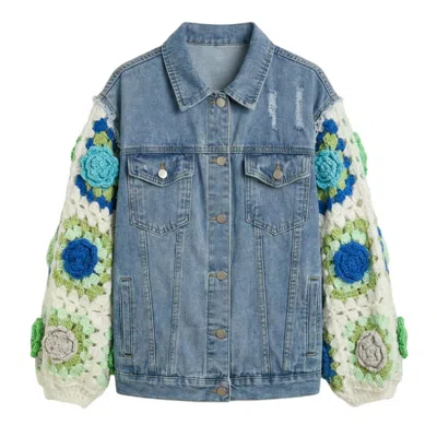 Cy Boutique Women's Blue Handknit Floral Patten Sleeves Denim Jacket In Green